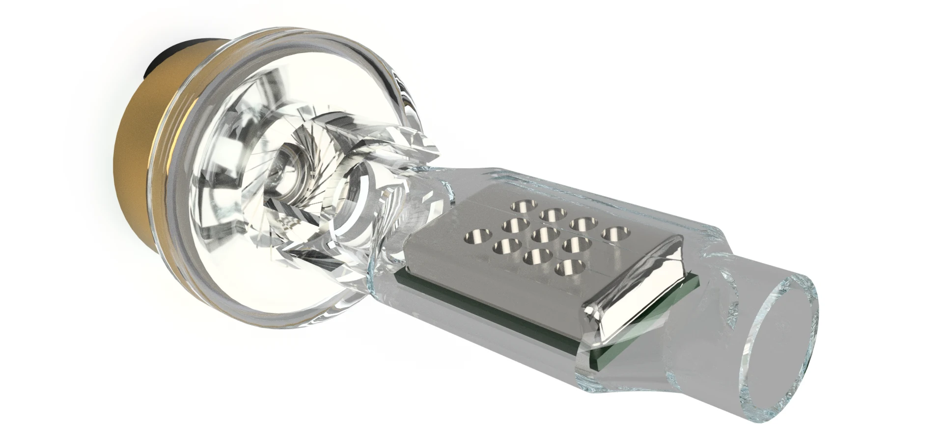 Render of the Voix acoustic assembly: a 6 mm dynamic diaphragm in a gold housing at the left, a clear acoustic volume holding the Muir MEMS on its circuit board, and an output tube at the right.