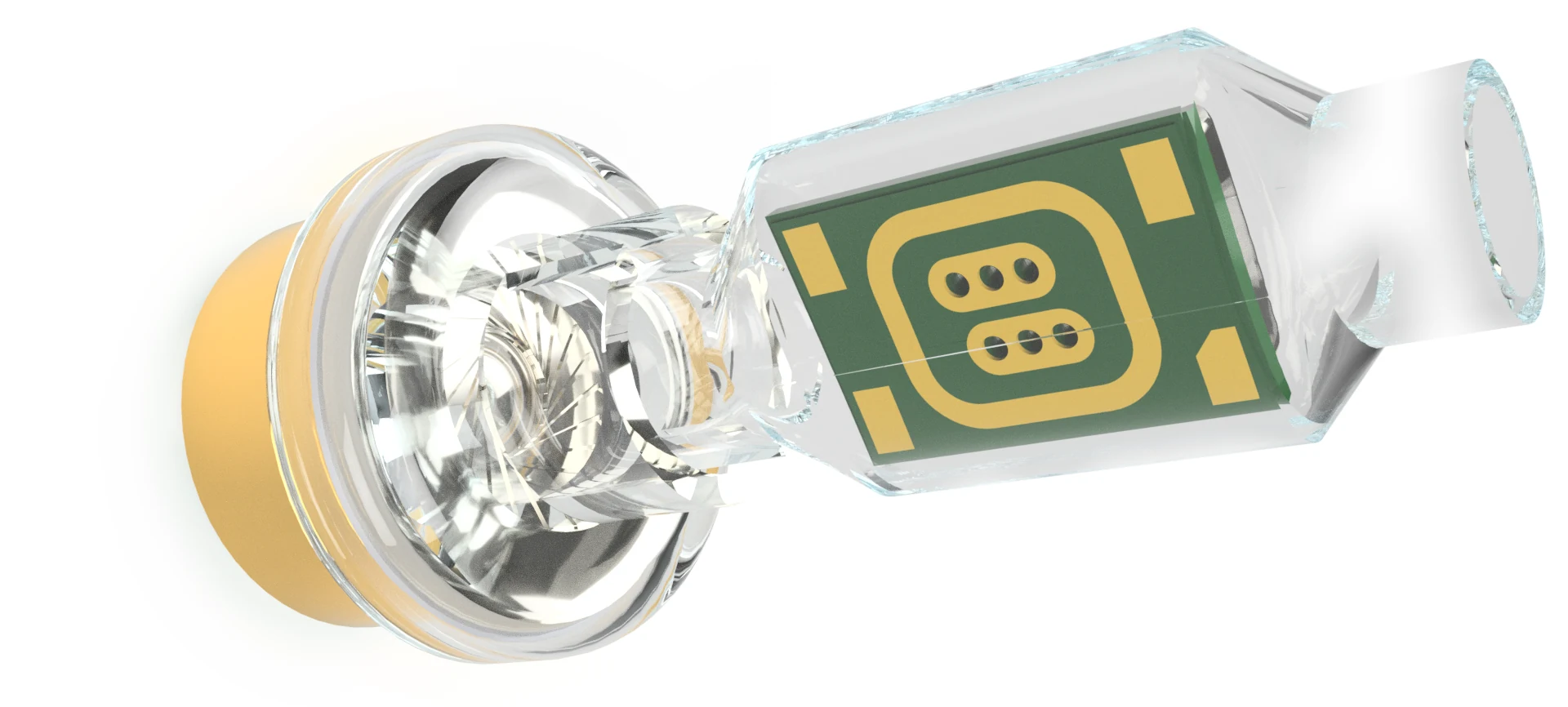 Transparent render of the Voix acoustic assembly. At the left, a 6 mm dynamic diaphragm in a gold housing; a short neck leads into a clear acoustic volume holding the Muir MEMS on a green circuit board; an output tube exits at the right toward the ear canal.
